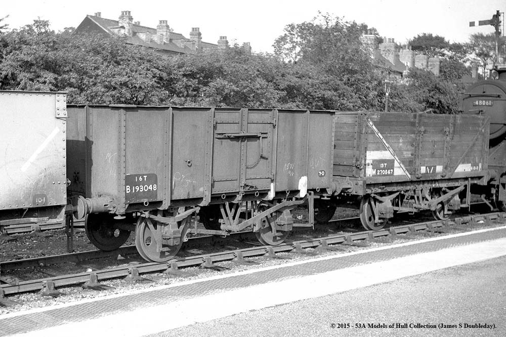 A BR 16 ton mineral wagon reconditioned after SNCF service retaining continental style buffers and some lashing rings at Water Orton circa 1959