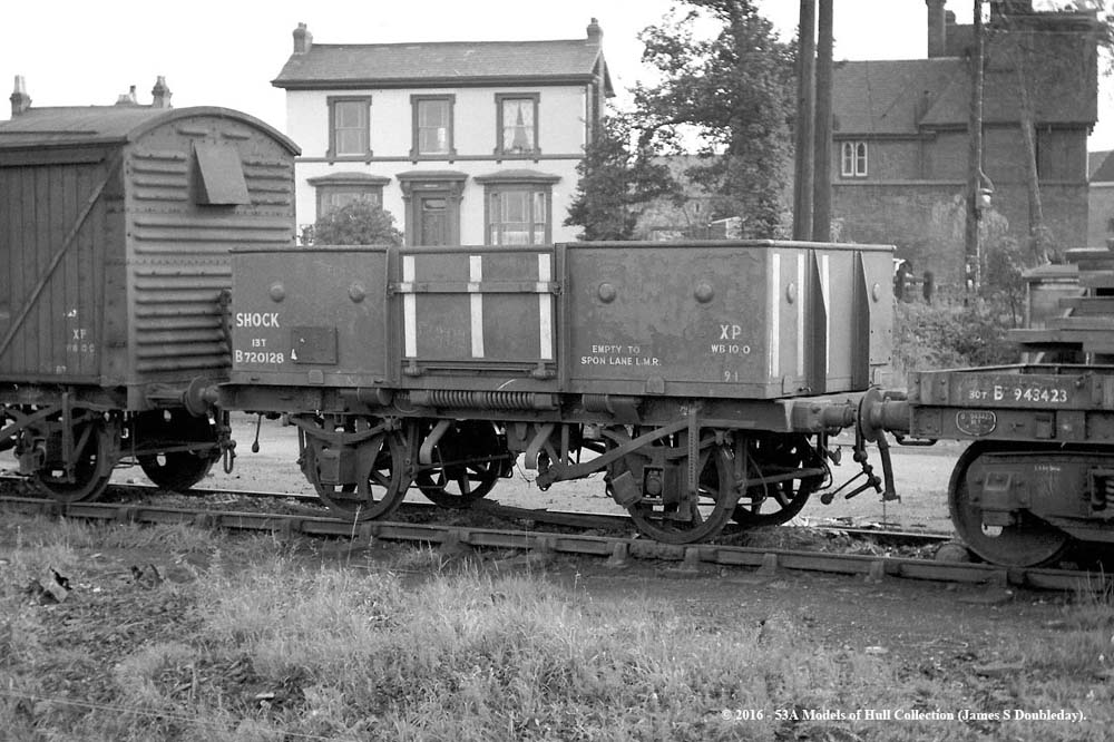 A British Railways built 13 ton Shock Open Merchandise wagon, No B720128, seen at Water Orton circa 1959