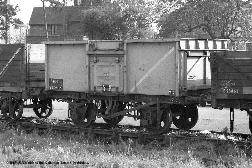 A British Railways 16 ton mineral wagon, No B59383, fitted with top, side, end & bottom doors seen at Water Orton circa 1959
