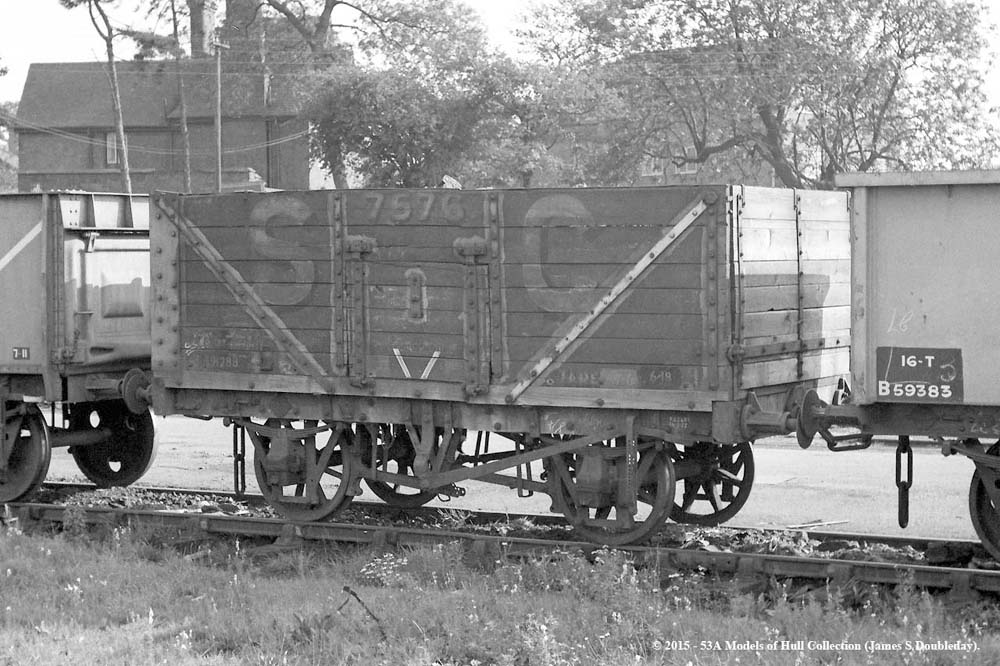 A British Railways 13 ton 7-plank ex-private owner wagon, No P391288, formerly Stephenson Clarke No 7576, is seen at Water Orton circa 1959