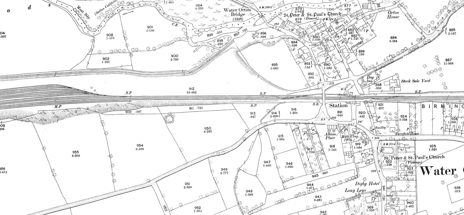 An 1886 25 Inch to the Mile Ordnance Survey Map showing the east end of the marshalling yard and Water Orton station