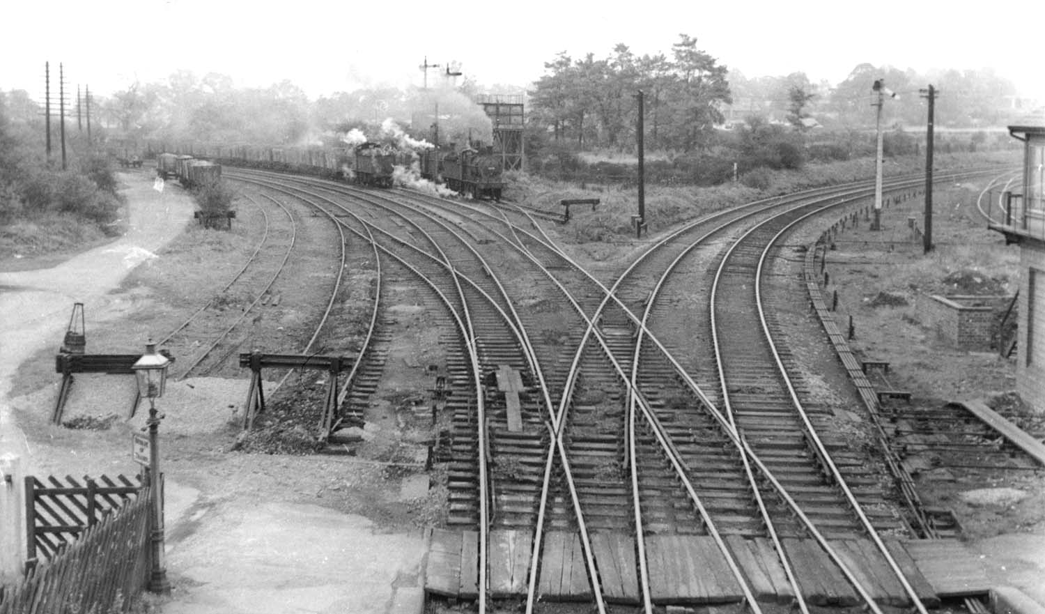 Looking north-west with the lines to Derby on the left and the lines to Leicester on the right circa 1949