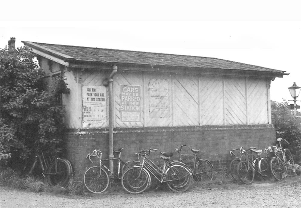 Rear view of Whitacre Station's brick and timber passenger waiting room located on the up platform