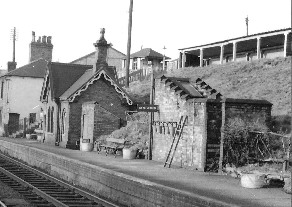 Close up showing a detailed view of the smaller down platform buildings at Wilnecote station circa 1960