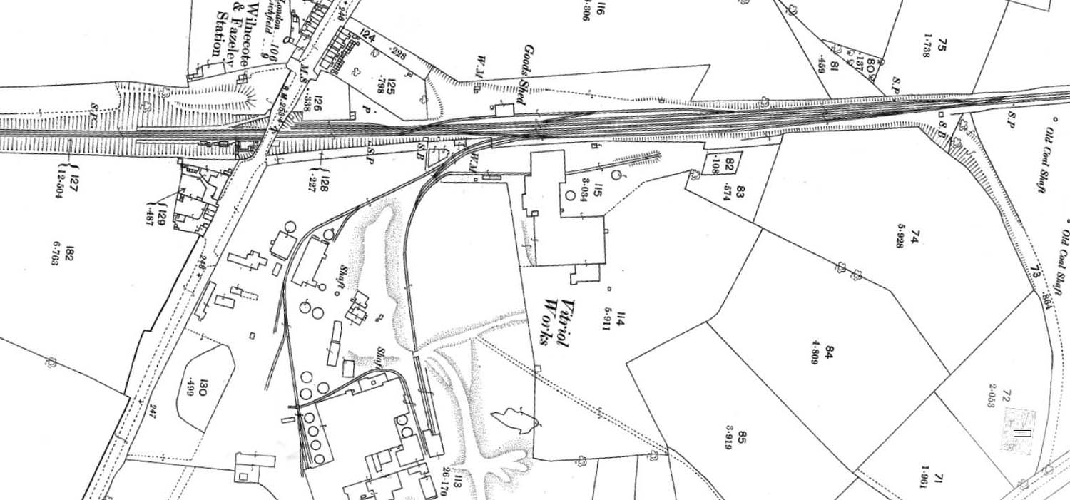 An 1882 25 inch to mile Ordnance Survey map showing a close up of Wilnecote station, its goods yard and industrial sidings