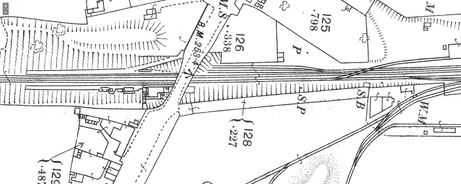 An 1882 25 inch to mile Ordnance Survey map showing a close up of Wilnecote station and its platform buildings