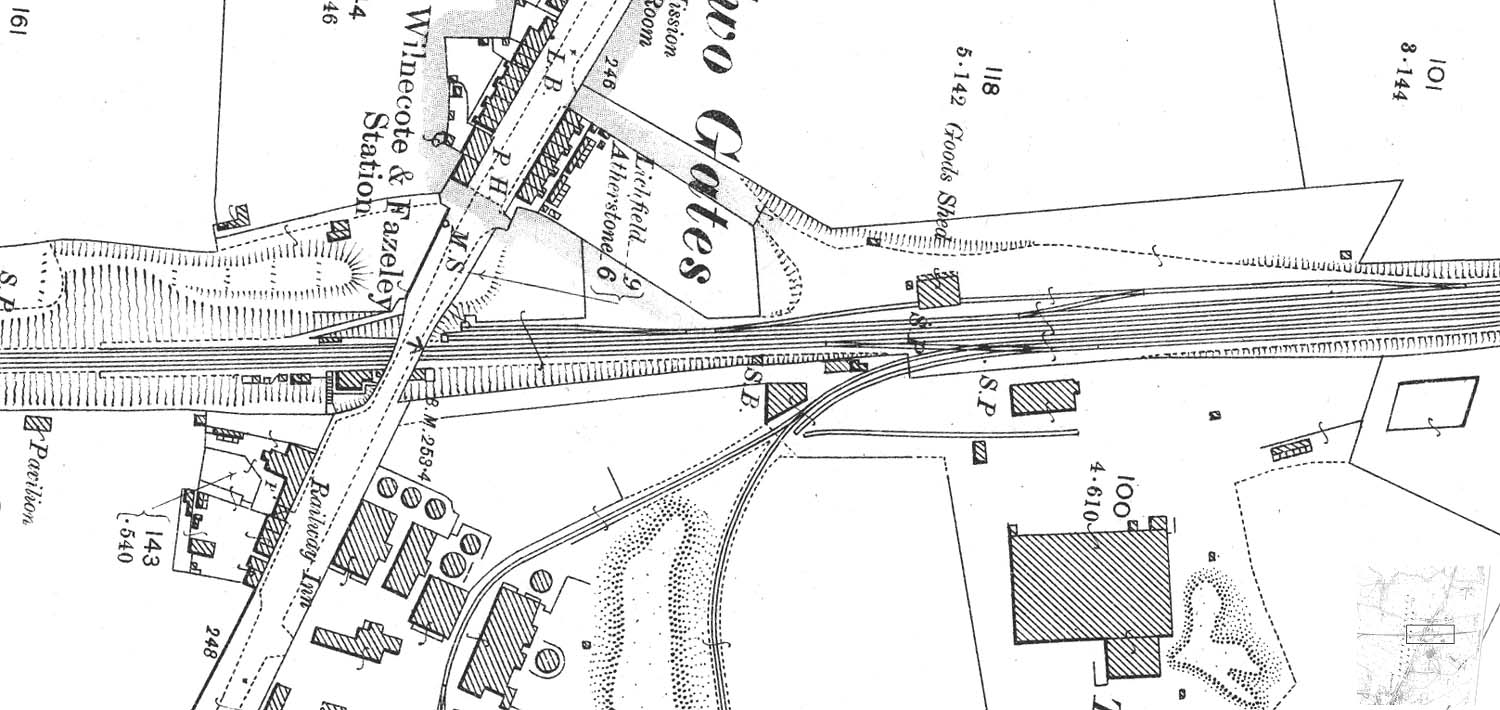 A 1901 25 inch to mile Ordnance Survey map showing a close up of Wilnecote station and its goods shed and yard