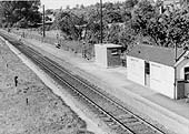 An elevated and oblique view of Wixford station showing the two basic structures on the platform