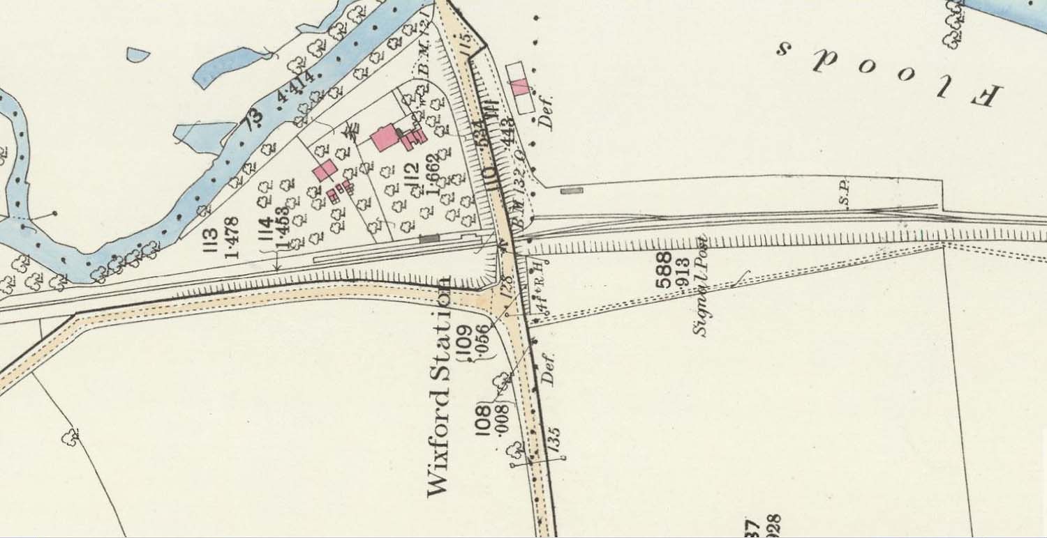 An 1885 25 inch to the Mile Ordnance Survey map of Wixford showing the station layout including siding as first built