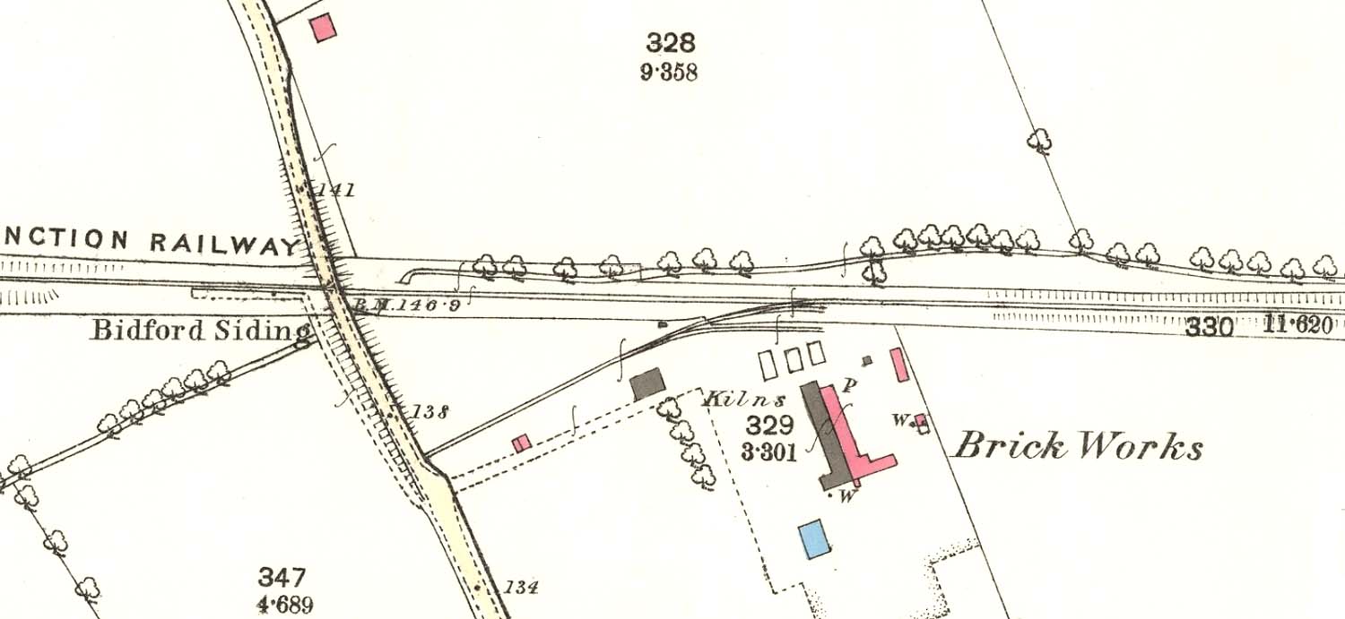 Close up of an 1885 25 inch to the mile Ordnance Survey map showing Bidford Siding and the Brick Works sidings