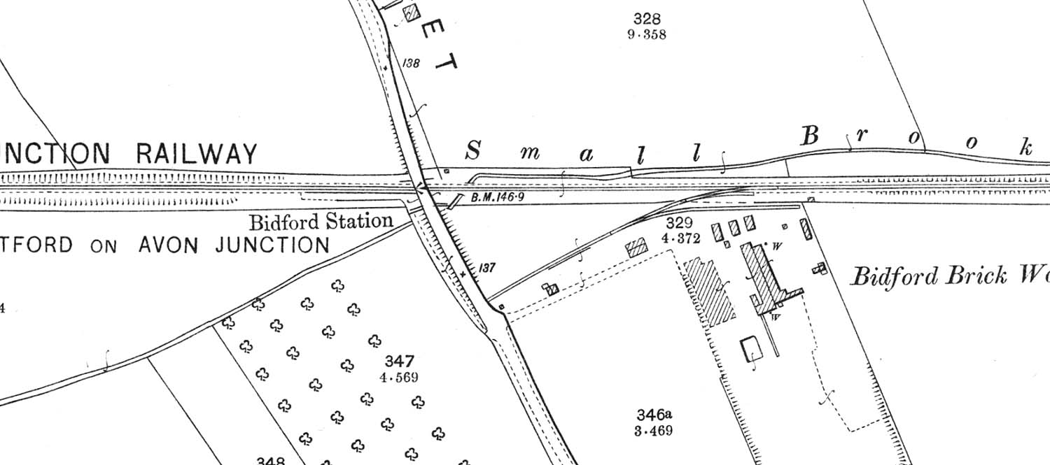 A 1904 25 inch to the mile Ordnance Survey map showing Bidford Station and the Brick Works sidings