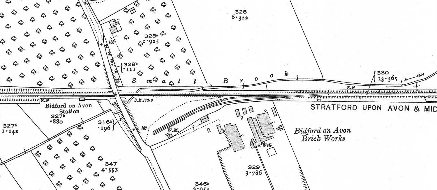 A 1922 25 inch to the mile Ordnance Survey map showing Bidford Station and the Brick Works sidings