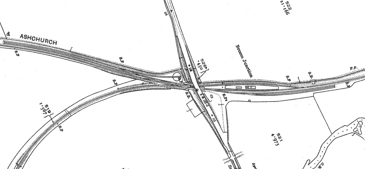 A 1922 25 inch to the mile Ordnance Survey map showing the layout of Broom Junction Station