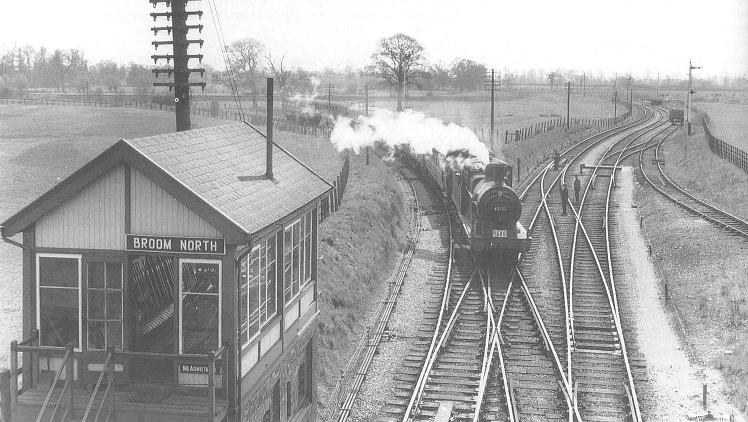 Ex-Midland Railway 3F 0-6-0 No 43222 passes Broom North Signal Box with a SLS Railtour on 29th April 1956