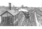Ex-Midland Railway 3F 0-6-0 No 43222 passes Broom North Signal Box with a SLS Railtour on 29th April 1956