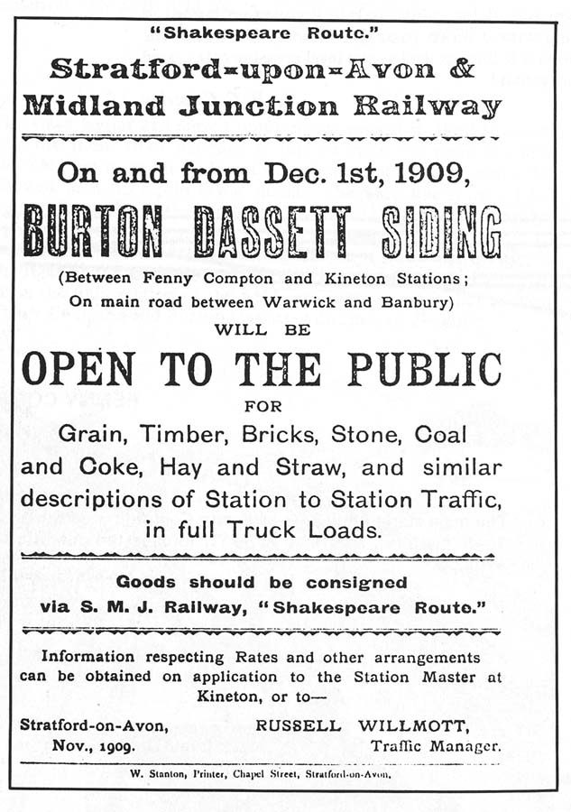 An SMJ announcement of the opening of Burton Dassett Siding on 1st December 1909