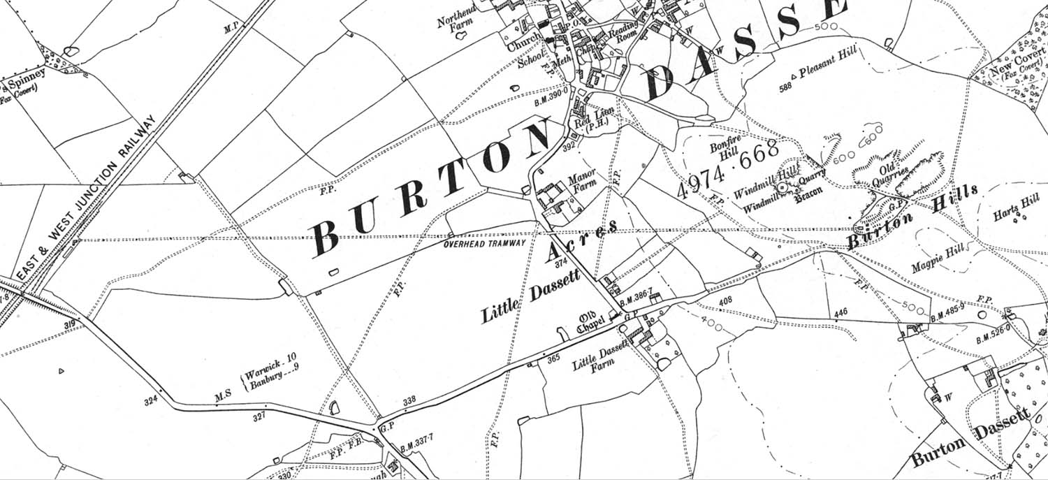 A 1904 six inch to the mile Ordnance Survey Map showing the connection between the E&WJR and Burton Hills by the ropeway