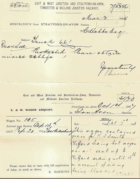 A memo dated 3rd March 1905, from Stratford on Avon station to C Hobbs Esquire, asking for an invoice to be raised