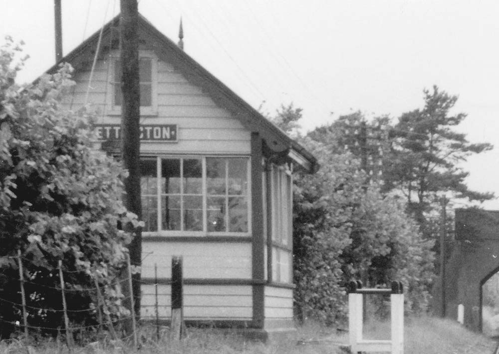 Close up showing Ettington station's platform mounted signal box and the small staging used by the signalman