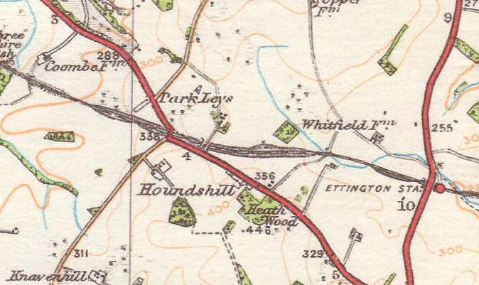 Ordnance Survey map showing the location of Ettington station and Goldicote Cutting located to north of the village