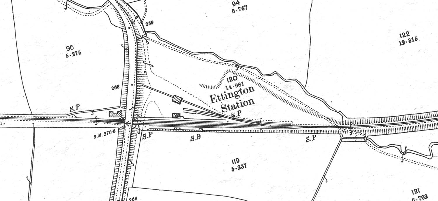 Close up of the 1900 25 inch to the mile Ordnance Survey map of Ettington station and goods yard and shed