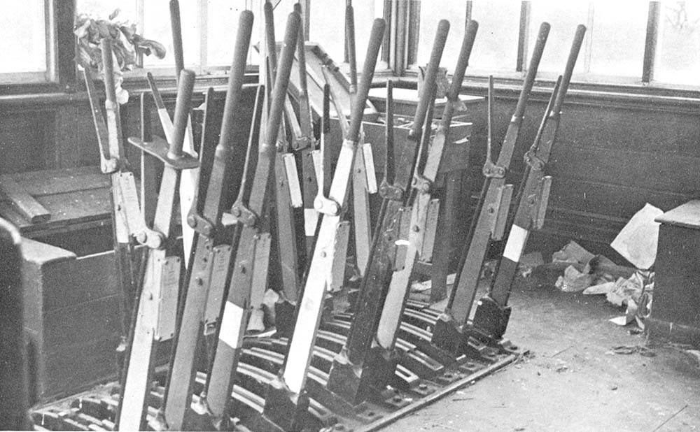 View inside Ettington signal box showing the Railway Signal Company frame still set to switch-out the signal box