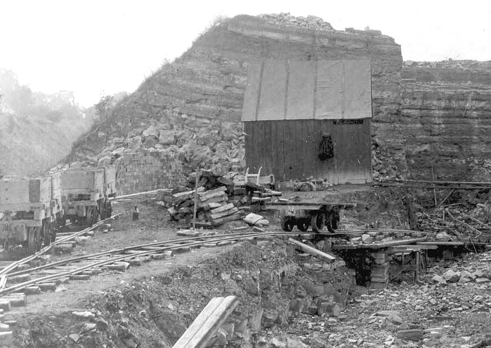 Close up showing the three side tipping narrow gauge trucks and the narrow gauge flat wagon