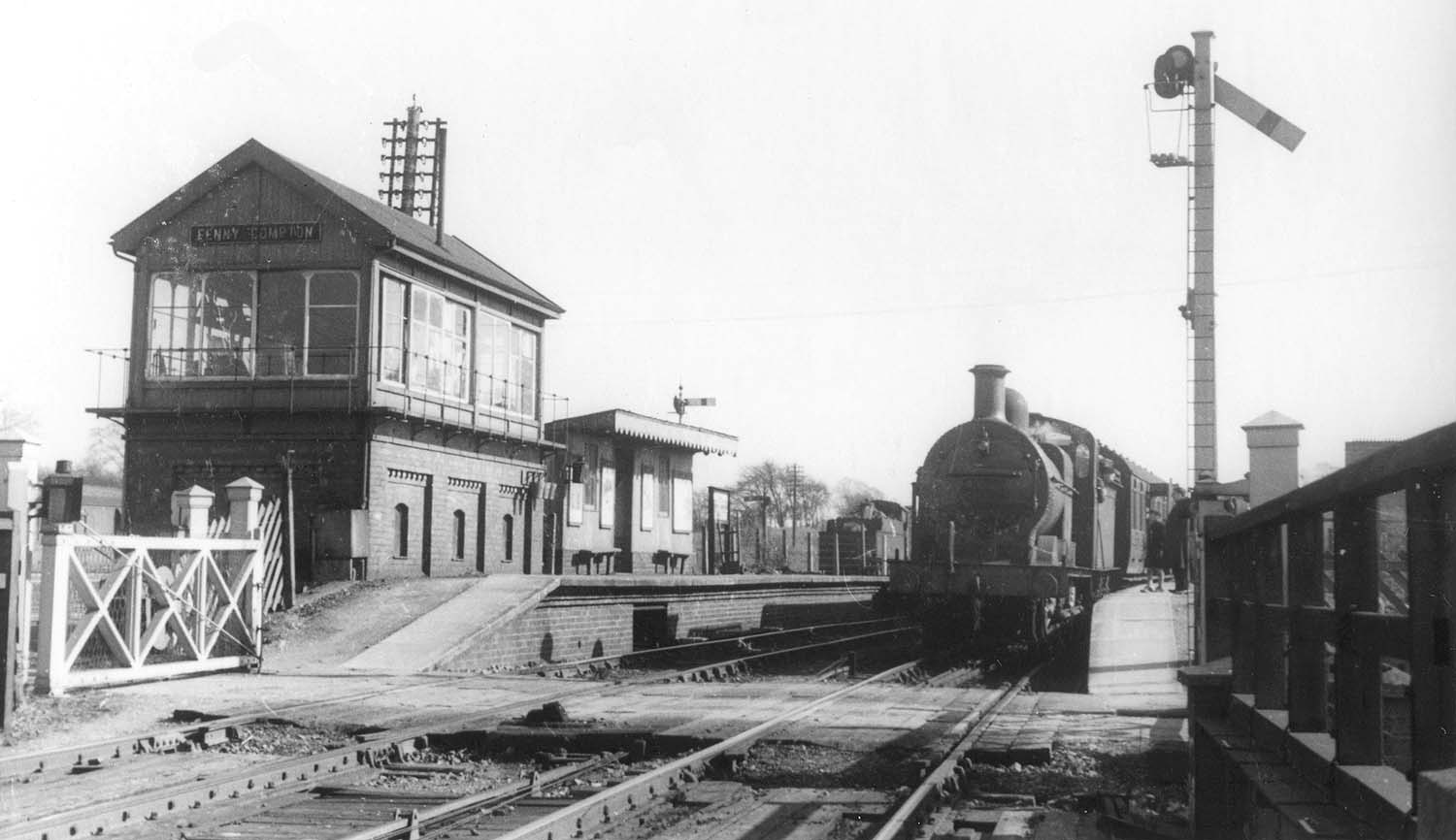 Looking towards Towester with the joint LMS and GWR signal box located on the SMJ up platform on the left