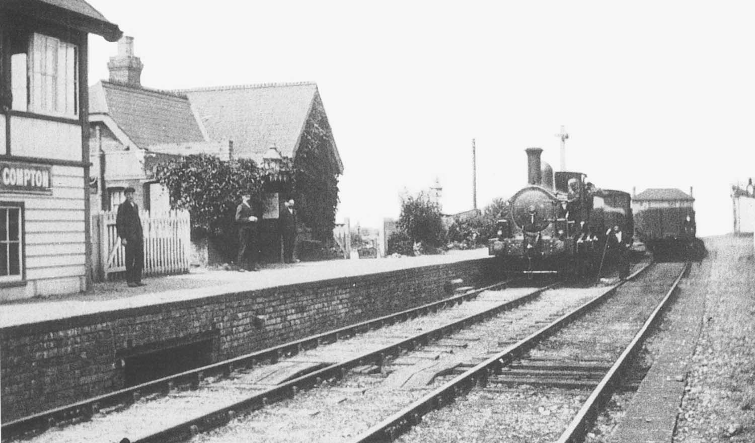 A late 19th century view of Fenny Compton station as one of the E&WJR's Beyer Peacock 0-6-0s stands 'wrong road' adjacent to the Stratford upon Avon platform