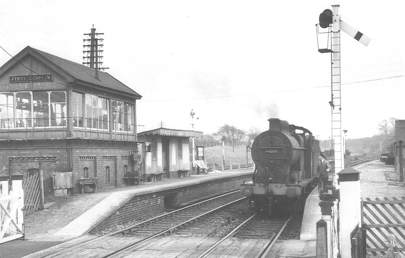 An ex-LMS 4F 0-6-0 No 44035 pauses at Fenny Compton and is cleared to move on to Stratford at the SMJ signal