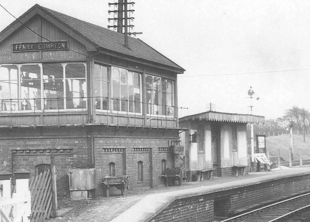 Close up showing another view of Fenny Compton's joint signal box with windows to all sides