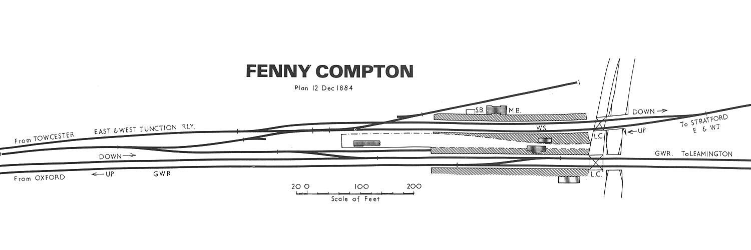 An 1884 schematic drawing of the layout and juxtaposition of Fenny Compton's E&WJR and GWR stations
