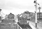 A pair of ex-LMS 4F 0-6-0s Nos 44491 and 44524 are seen passing each other at Fenny Compton station