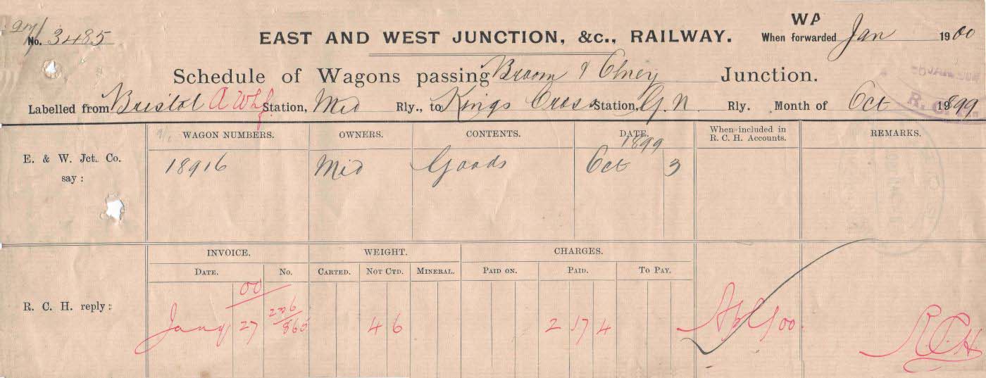 An East & West Junction Railway Schedule of Wagons Passing Broom and Olney Junction in 1899