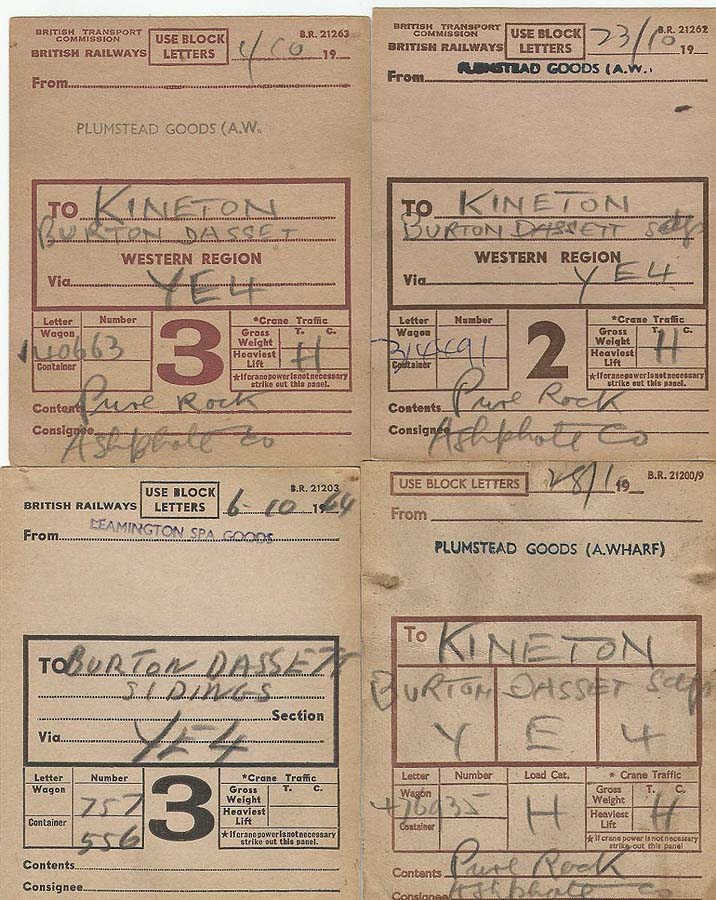 A set of four British Railways (Western Region) wagon labels for loads of 'rock' to Kineton Burton Dassett Sidings