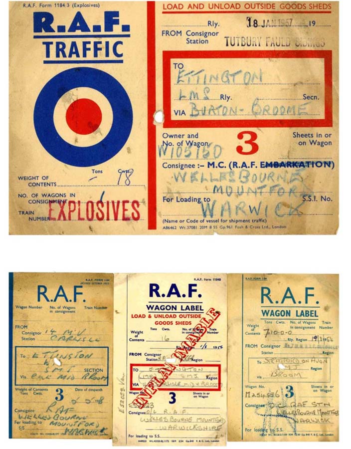 A selection of Royal Air Force Wagon Labels destination RAF, Wellesborne Mountford, via the SMJ line