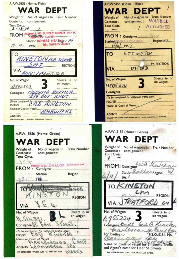 War Department Wagon Labels for consignments from various WD Depots to Kineton and Ettington