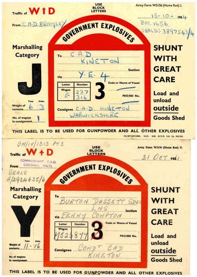 War Department Wagon Labels for handling of government explosives to Central Ammunition Depot Kineton