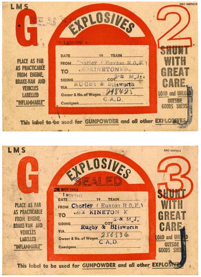LMS Explosives Wagon Labels for carrying of explosives from Chorley (Euxton ROF) to Kineton