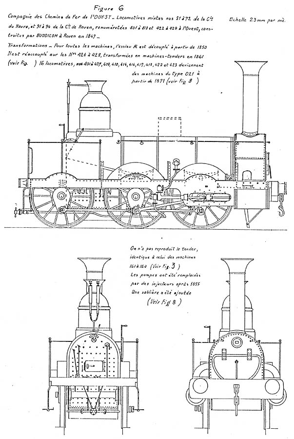 A drawing of the side, front and rear elevation the Buddicom designed 0-6-0 locomotive 'La Savoie'