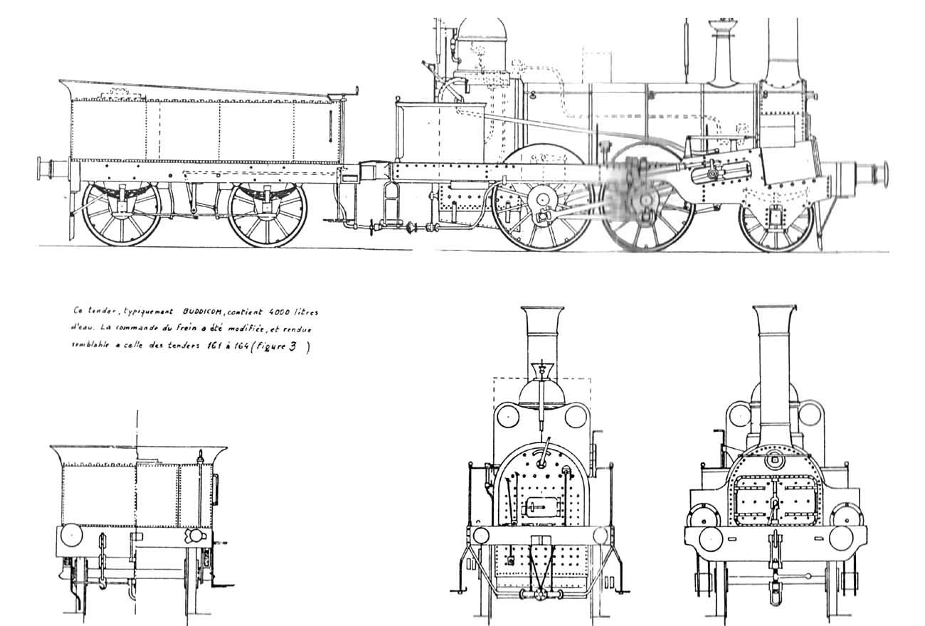 A front and rear view plus a side elevation of the Buddicom designed 2-4-0 locomotive 'Ceres' and tender