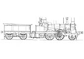 A larger scale view of the Buddicom designed 2-4-0 locomotive 'Ceres' and tender drawn by the Admiral Eynaud