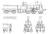 A front and rear view plus a side elevation of the Buddicom designed 2-4-0 locomotive 'Ceres' and tender
