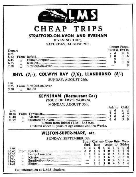 An LMS advertisment from the Stratford Herald for 'cheap trips' to the seaside as well as Stratford on Avon and Evesham