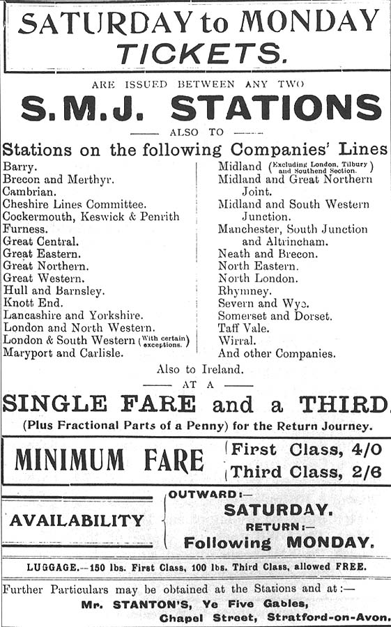 Details of 'Long Week-End' tickets outward on the Saturday and return on the Monday from SMJ stations