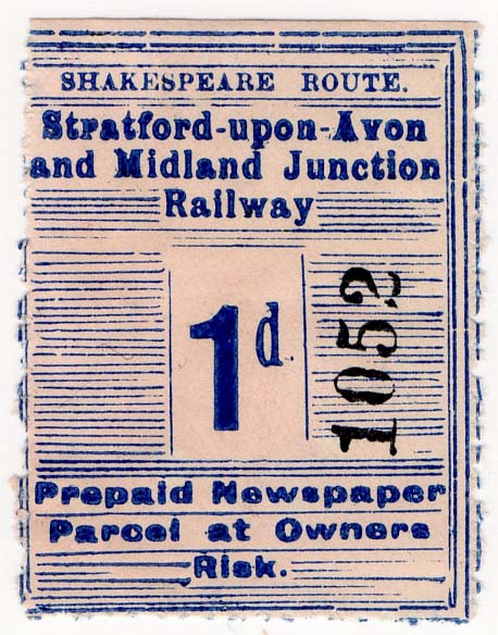 A Stratford upon Avon Midland Junction Railway 1d Postage Stamp for 'Prepaid Newspaper Parcel at Owners Risk'