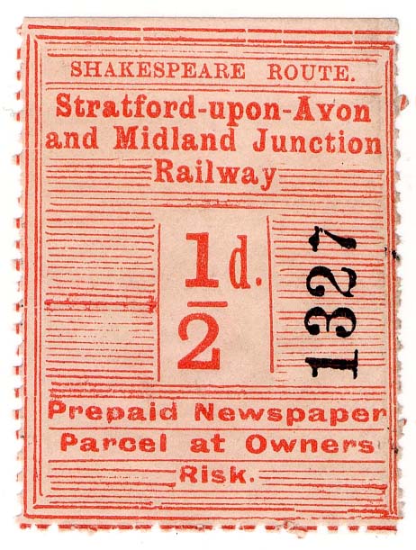 A Stratford upon Avon Midland Junction Railway �d Postage Stamp for 'Prepaid Newspaper Parcel at Owners Risk'