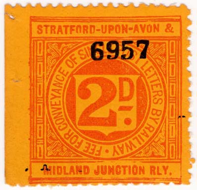 A Stratford upon Avon Midland Junction Railway 2d Postage Stamp for 'Fee for Convenience of Single Post Letters by Railway'