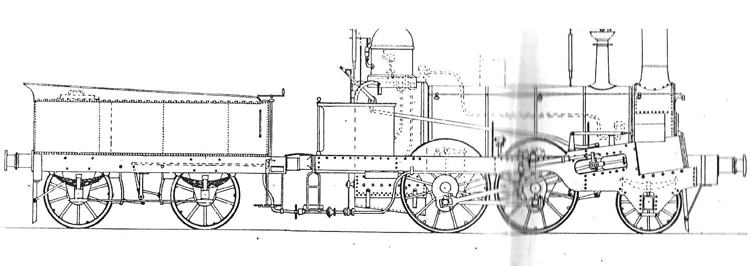 A larger scale view of the Buddicom designed 2-4-0 locomotive 'Ceres' and tender drawn by the Admiral Eynaud
