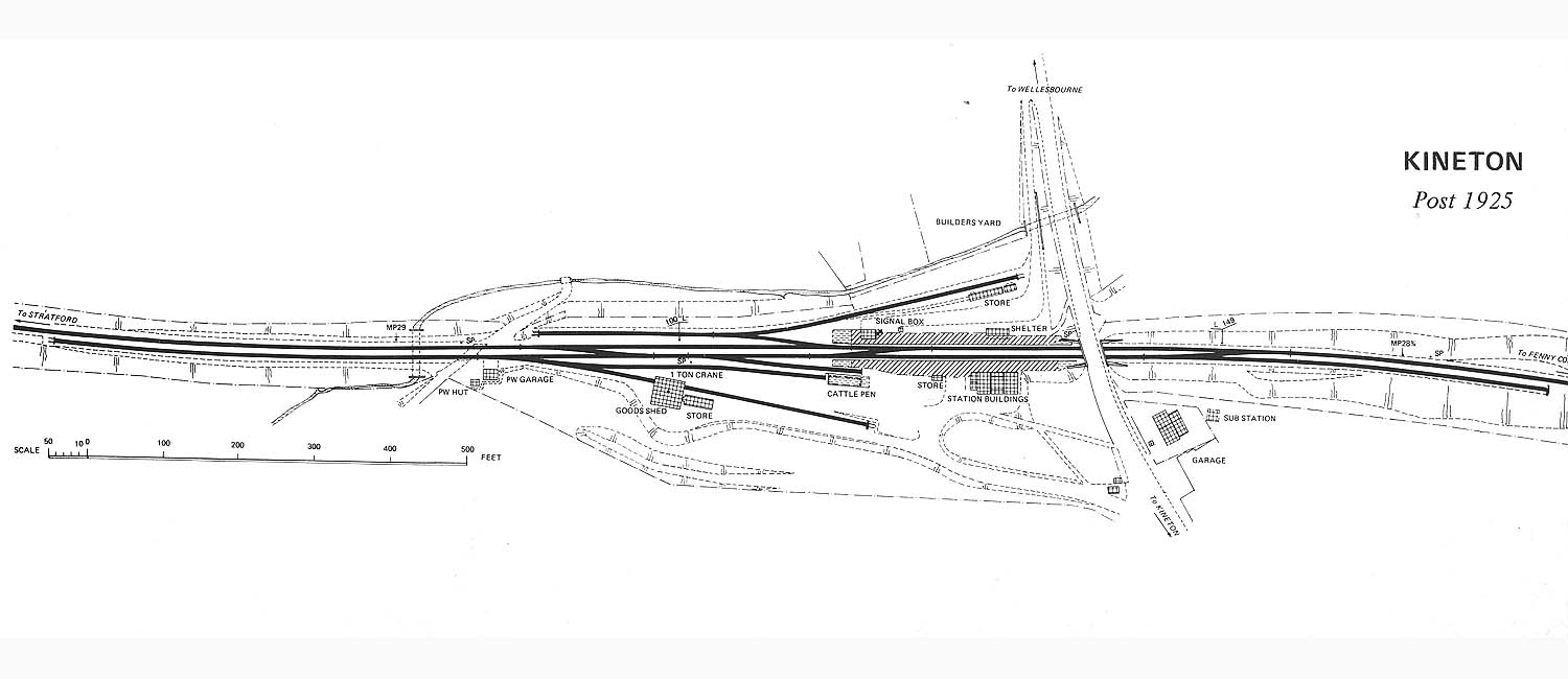 A post 1925 plan of Kineton station showing the goods yard and shed including PW facilities